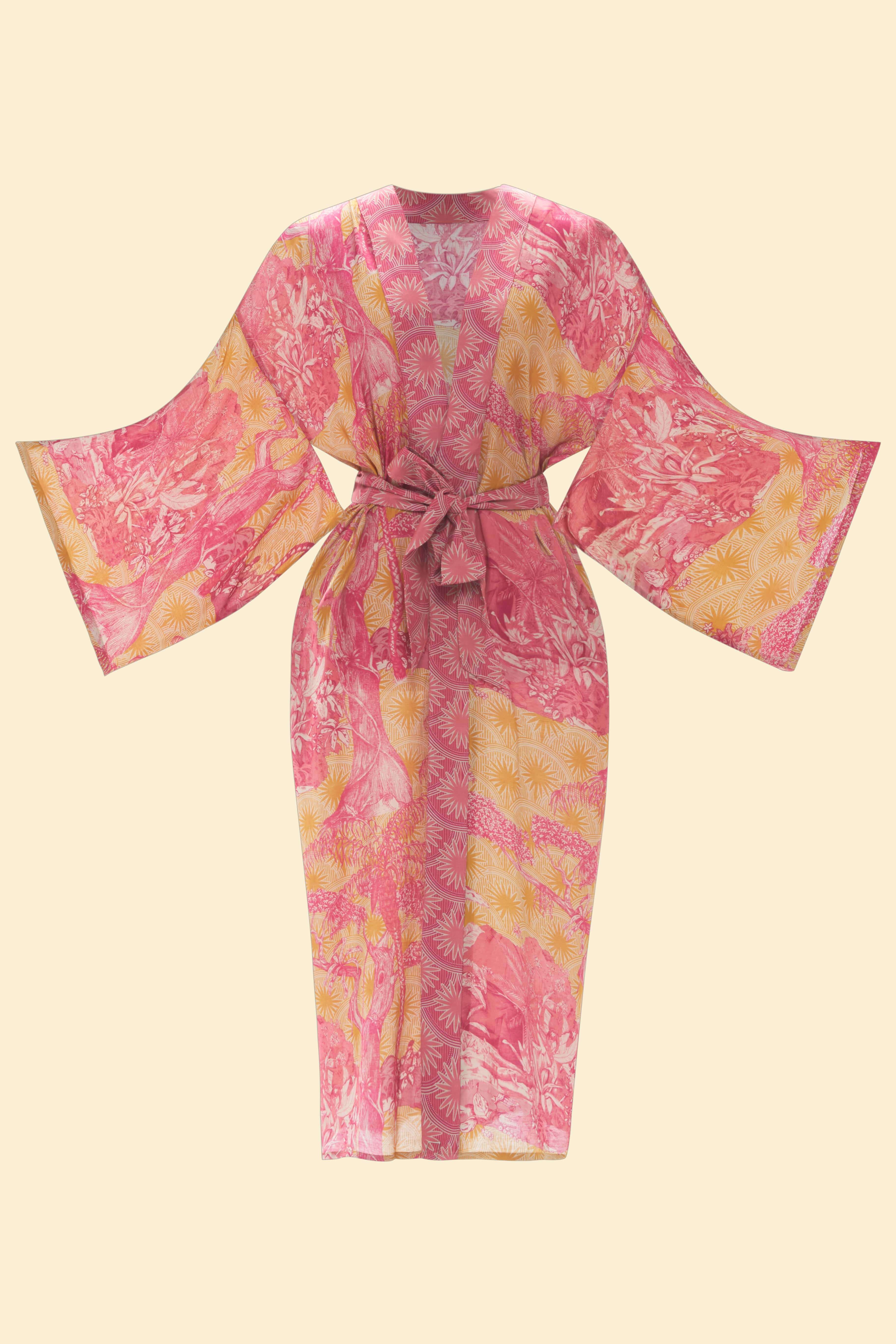 Tropical Toile Kimono Gown - Pineapple & Raspberry
