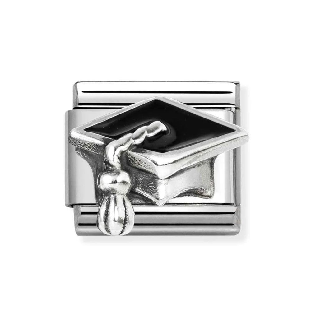 Composable Classic Steel Charm With Graduation Hat In 925 Silver & Enamel