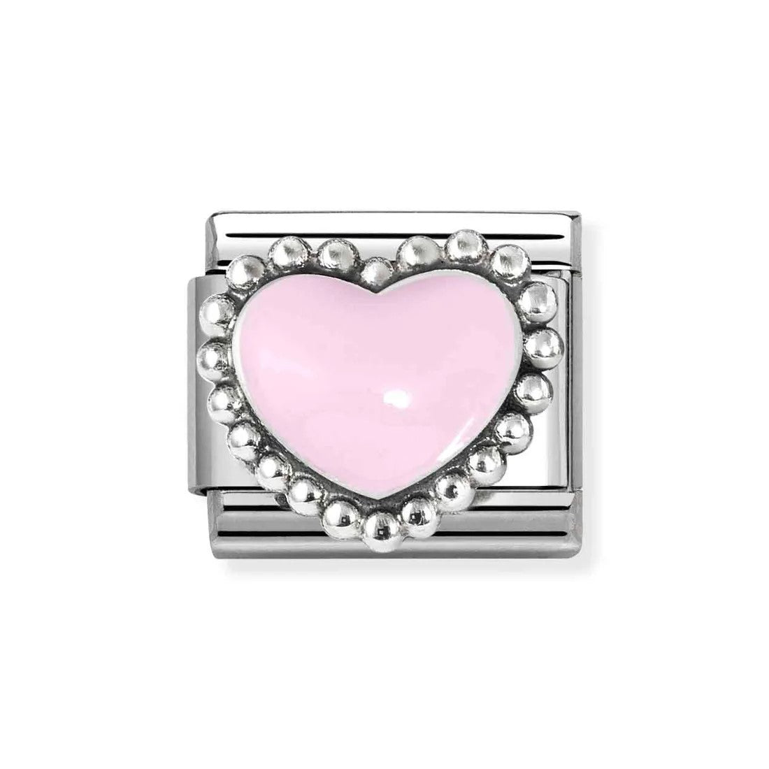 Composable Classic Steel Charm With Pastel Pink Heart In 925 Silver & Enamel