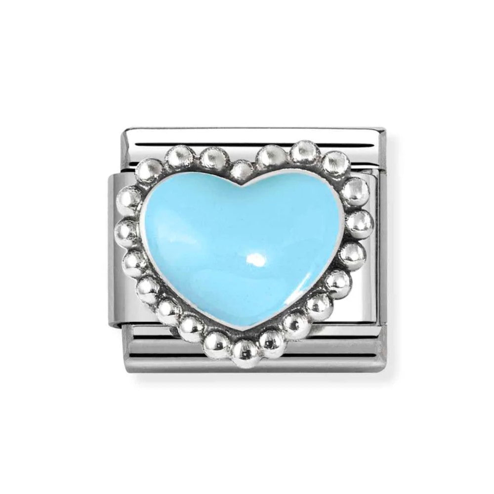 Composable Classic Steel Charm With Pastel Blue Heart In 925 Silver & Enamel