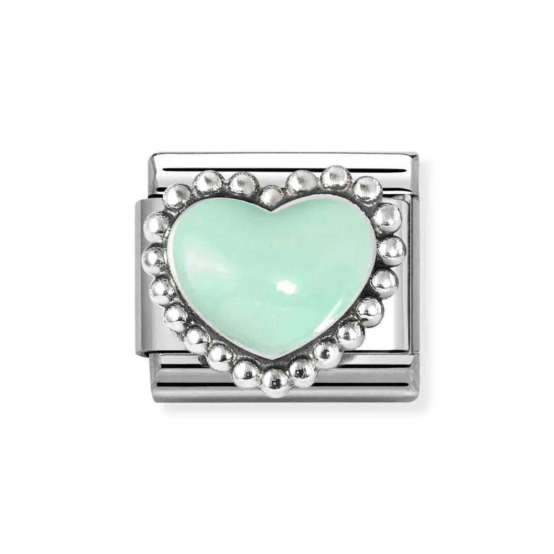 Composable Classic Steel Charm With Pastel Green Heart In 925 Silver & Enamel