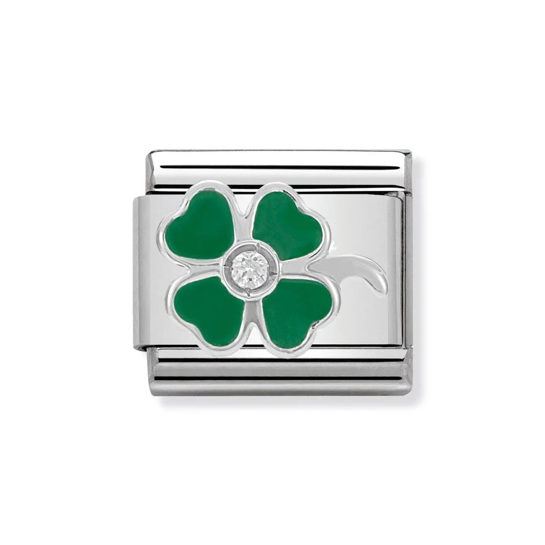 Classic CZ Silver and Green Four Leaf Clover Link
