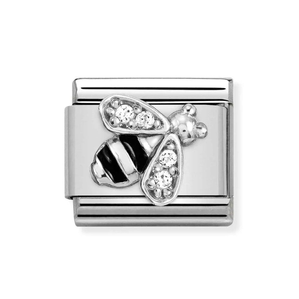 Composable Classic Steel Charm With Black Enamel Bee In 925 Silver & CZ