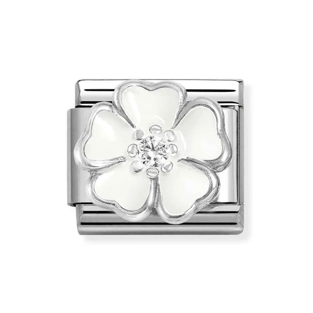 Composable Classic Link White Enamel Flower In 925 Silver & CZ
