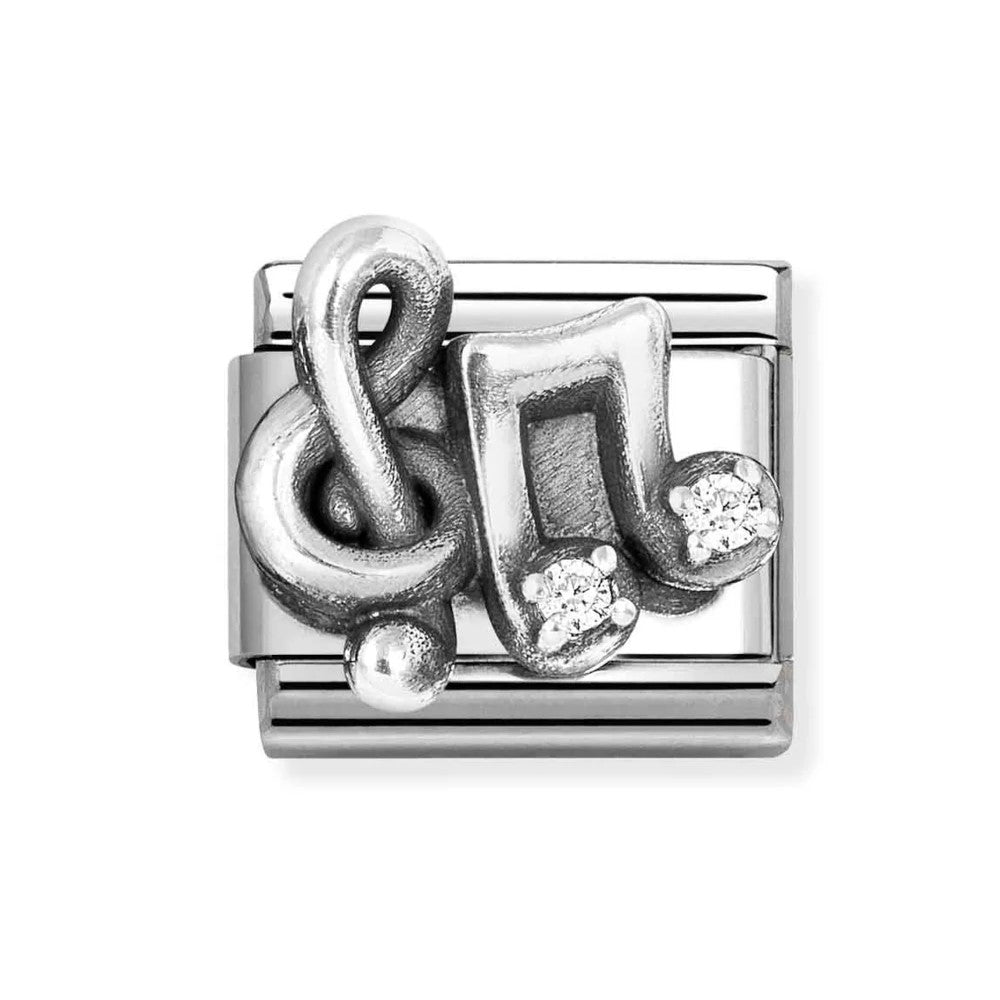 Composable Classic Steel Charm With Treble Clef & Music Notes In 925 Silver & CZ