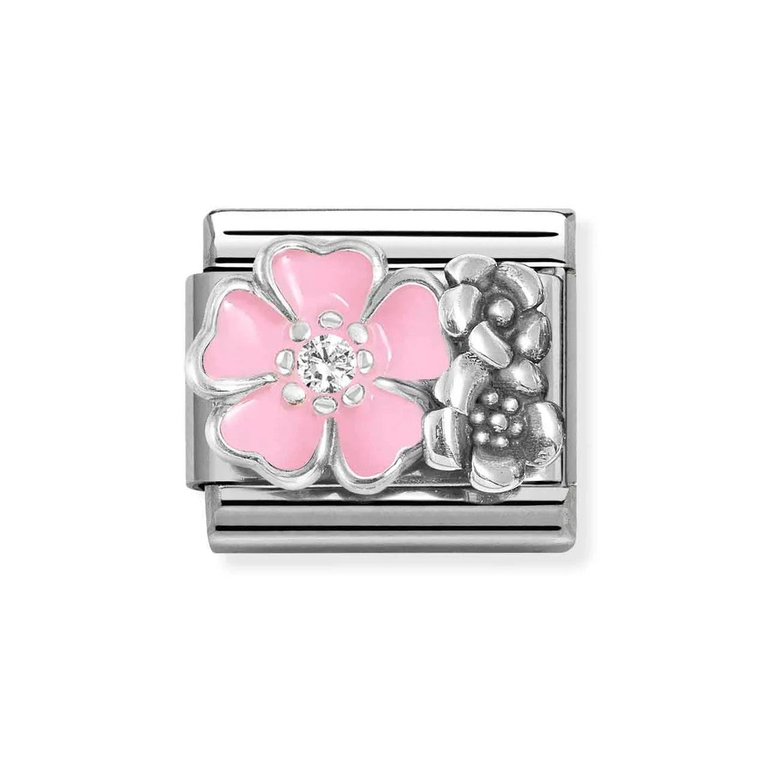 Composable Classic Link Flowers With Pink Enamel In 925 Silver & CZ