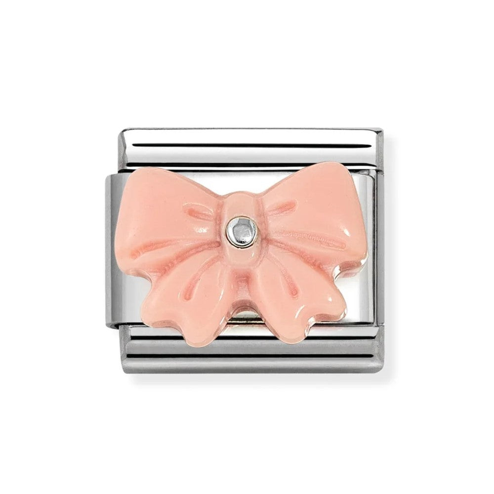 Composable Classic Steel Charm With Pink Bow In Synthetic Stone & In 925 Silver