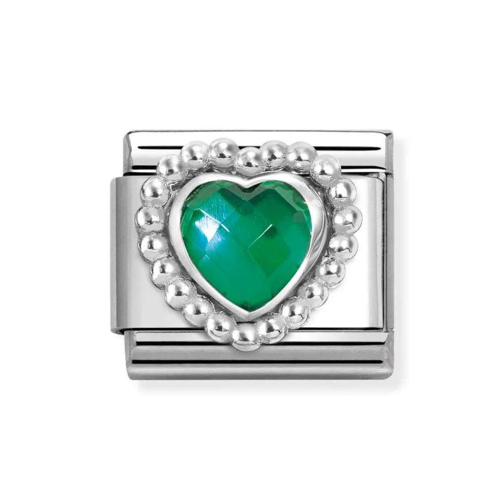Composable Classic Steel Charm With Faceted Green CZ Heart In 925 Silver