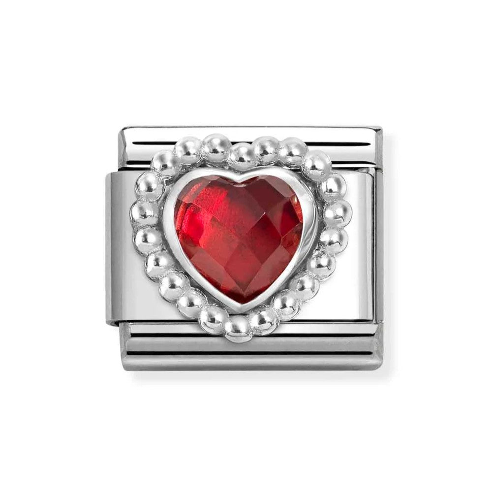 Composable Classic Steel Charm With Faceted Red CZ Heart In 925 Silver