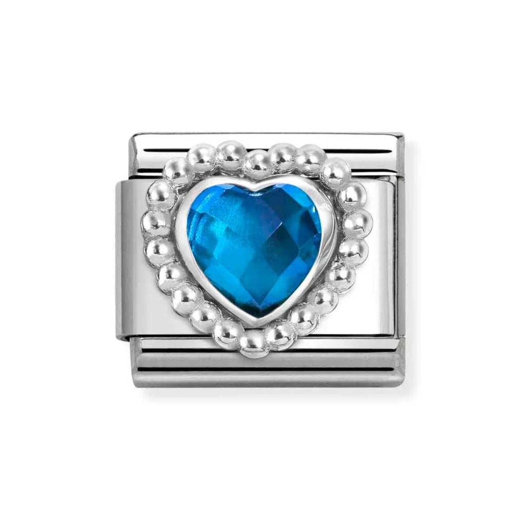 Composable Classic Steel Charm With Faceted Blue CZ Heart In 925 Silver