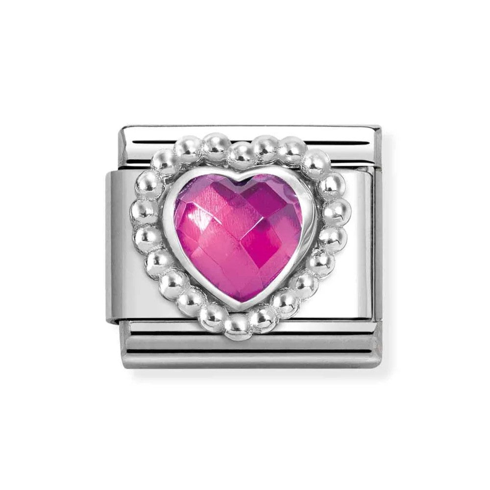 Composable Classic Steel Charm With Faceted Fuchsia CZ Heart In 925 Silver