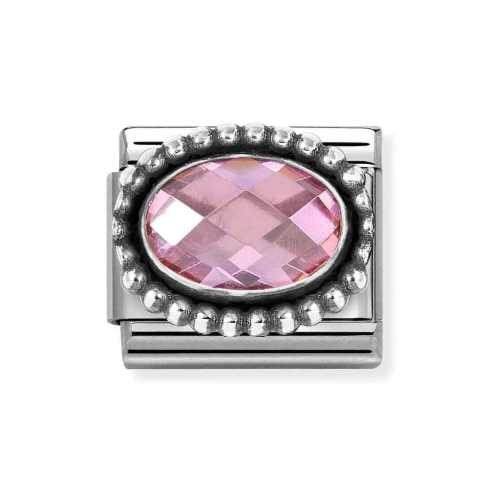 Composable Classic Steel Charm With Oval Faceted Pink CZ In 925 Silver