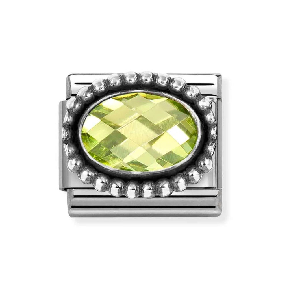 Composable Classic Steel Charm With Oval Faceted Light Green CZ In 925 Silver