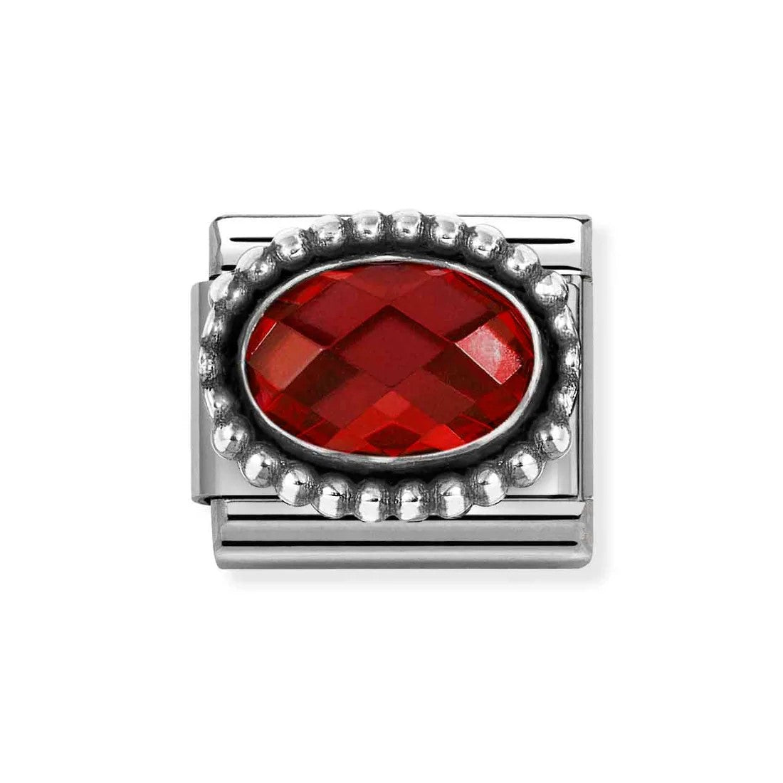 Composable Classic Steel Charm With Oval Faceted Red CZ In 925 Silver
