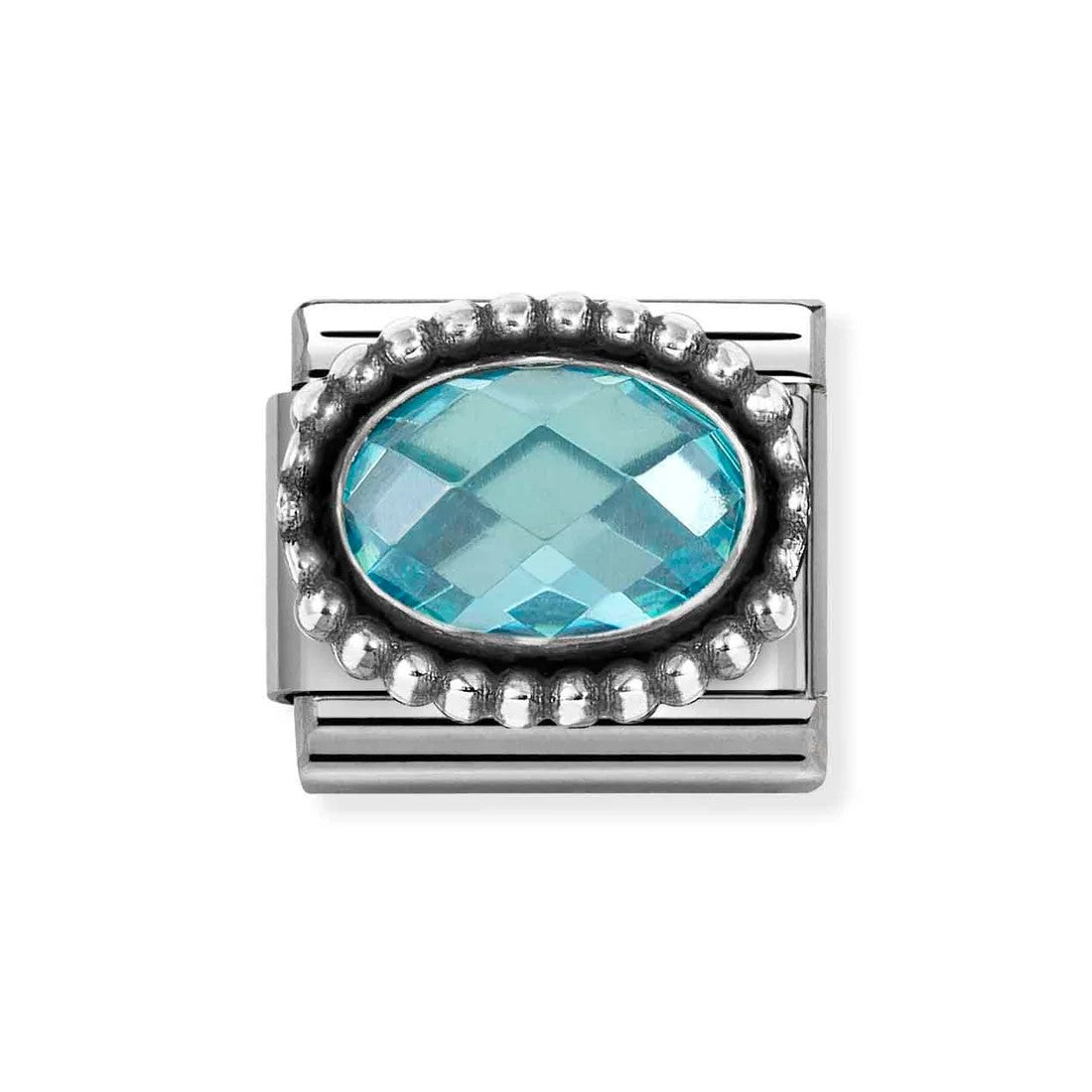 Composable Classic Steel Charm With Oval Faceted Light Blue CZ In 925 Silver