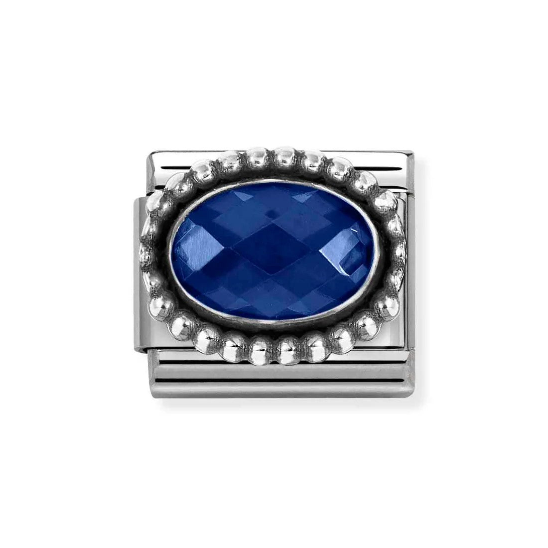 Composable Classic Steel Charm With Oval Faceted Dark Blue CZ In 925 Silver
