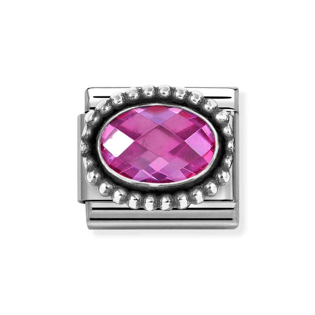 Composable Classic Steel Charm With Oval Faceted Fuchsia CZ In 925 Silver