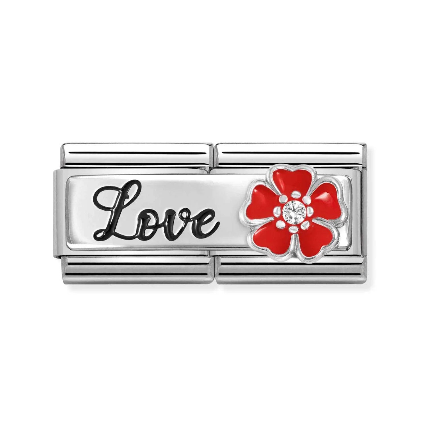 Classic Double Charm Love With Red Flower In 925 Silver & CZ