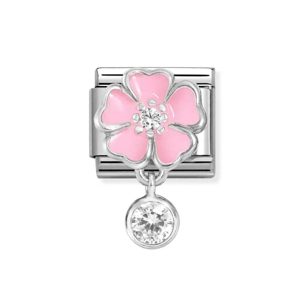 Classic Pink Flower With CZ Round Pendant Charm In 925 Silver