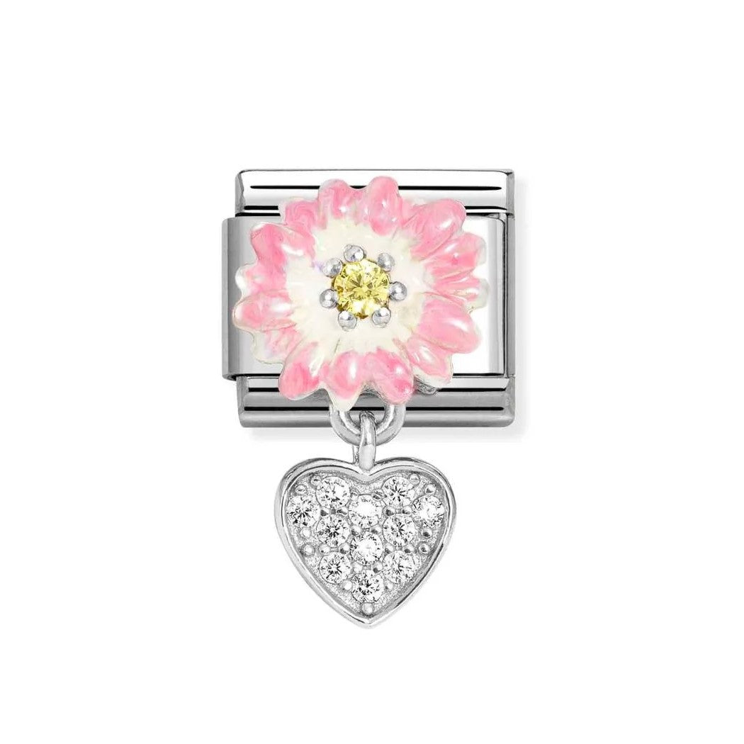 Classic Pink Daisy With Yellow CZ & CZ Heart Pendant Charm In 925 Silver