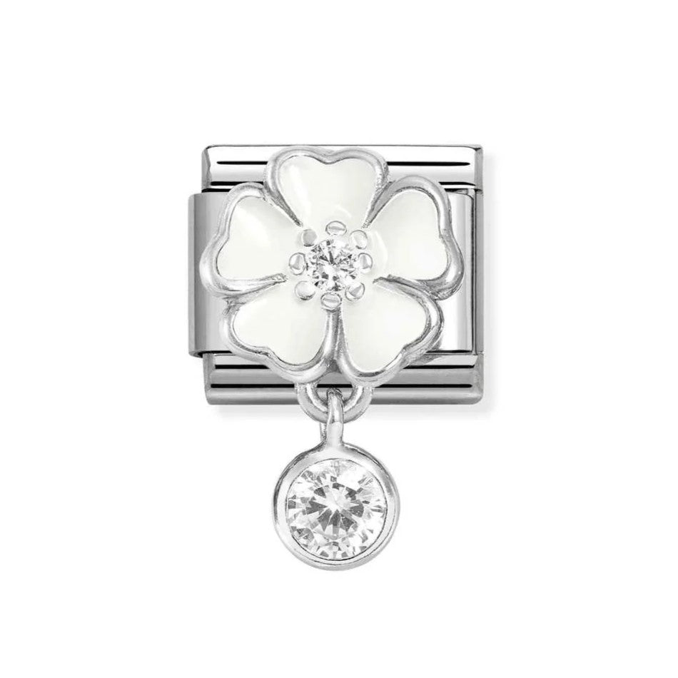 Classic White Flower With CZ Round Pendant Charm In 925 Silver