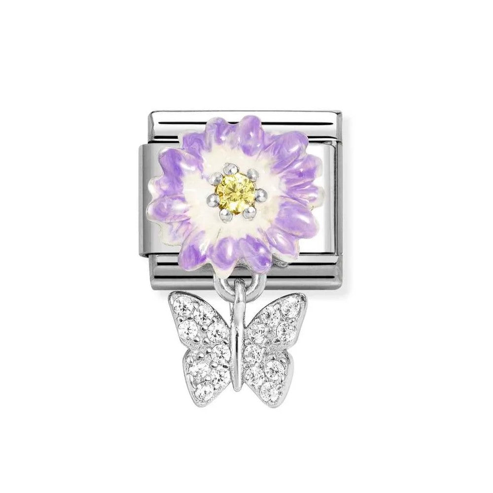 Classic Purple Daisy With Yellow CZ & CZ Butterfly Pendant Charm In 925 Silver