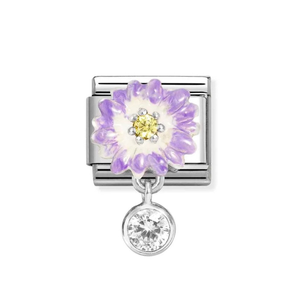 Classic Purple Daisy With Yellow CZ & CZ Round Pendant Charm In 925 Silver