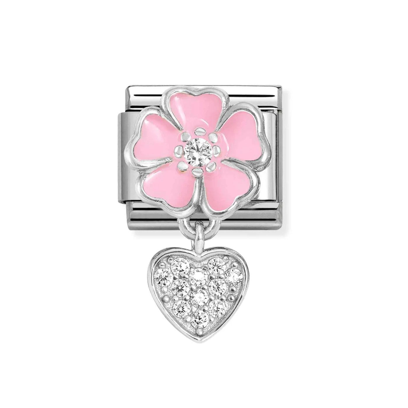 Classic Pink Flower With CZ Heart Pendant Charm In 925 Silver
