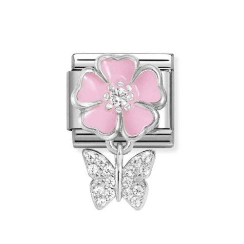 Classic Pink Flower With CZ Butterfly Pendant Charm In 925 Silver
