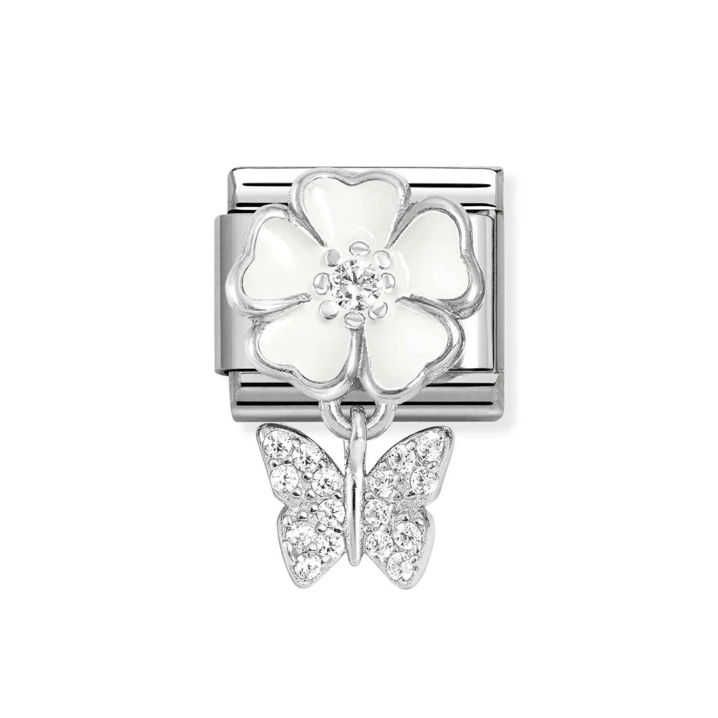 Classic White Flower With CZ Butterfly Pendant Charm In 925 Silver