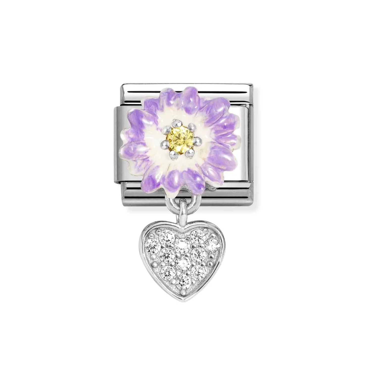 Classic Purple Daisy With Yellow CZ & CZ Heart Pendant Charm In 925 Silver