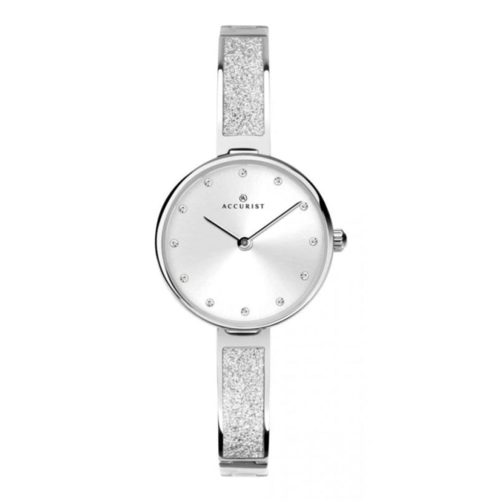 Stainless Steel Crystal Dust Semi Bangle Bracelet Strap & Case With Silver Stone Set Dial Ladies Watch