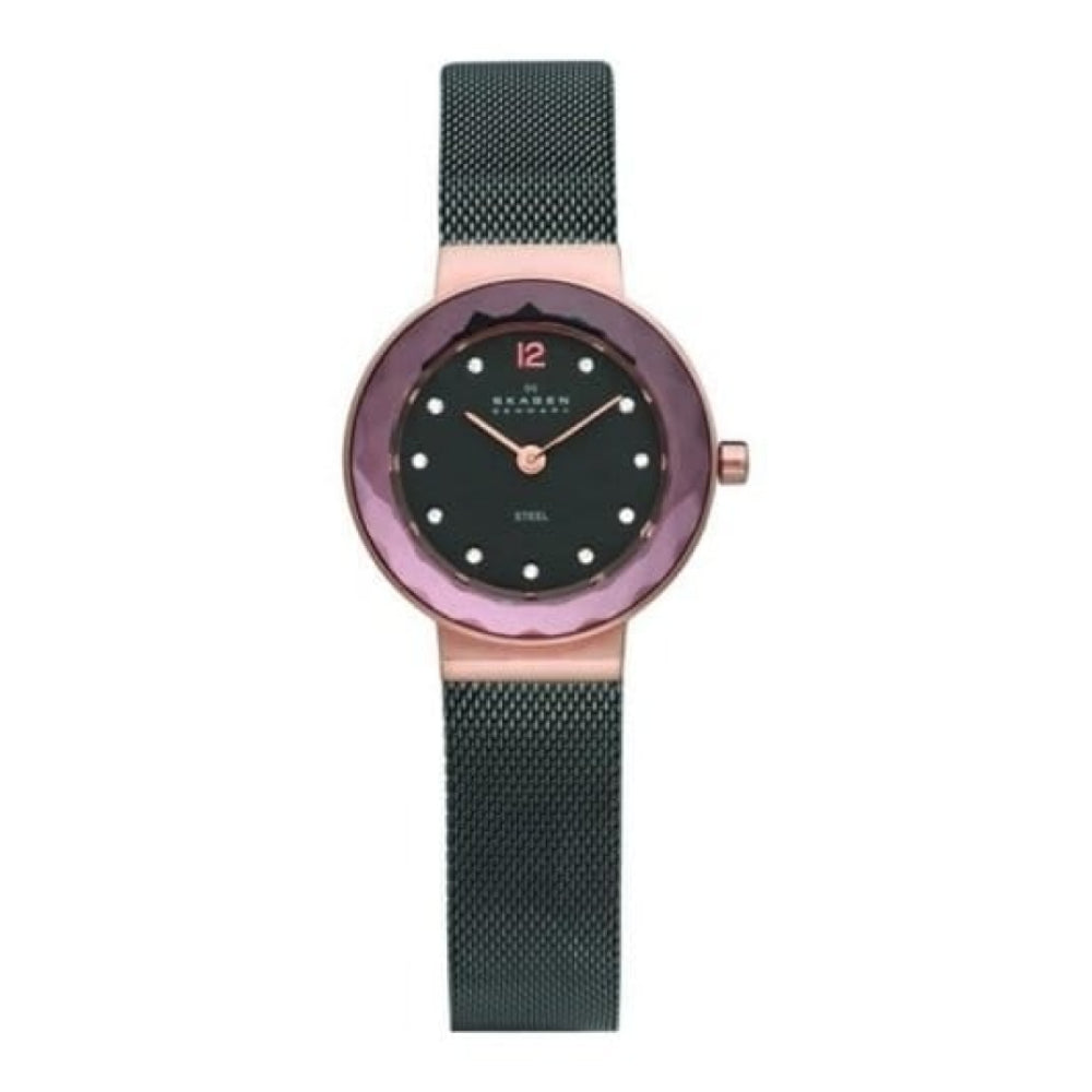 Ladies Black Steel Rose Gold Crystallised Mesh Strap Watch