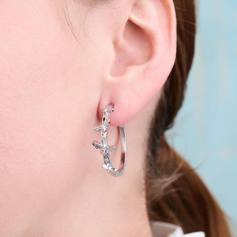 Sterling Silver Lucky Bee Open Hoop Earrings