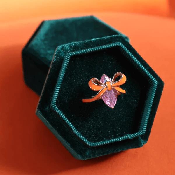 Amelia Bow Ring In Coral Enamel, Pink CZ & Rose Gold- M