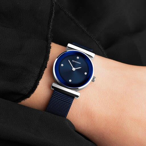 Ava Blue Dial With Alloy Case & Blue IP Mesh Bracelet Strap Ladies Watch