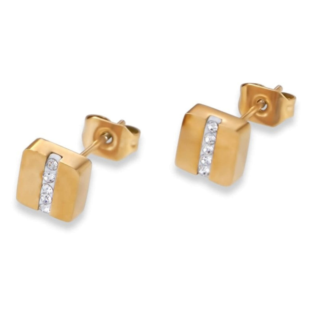 Crystal Pave Strip Square Gold Ear Studs