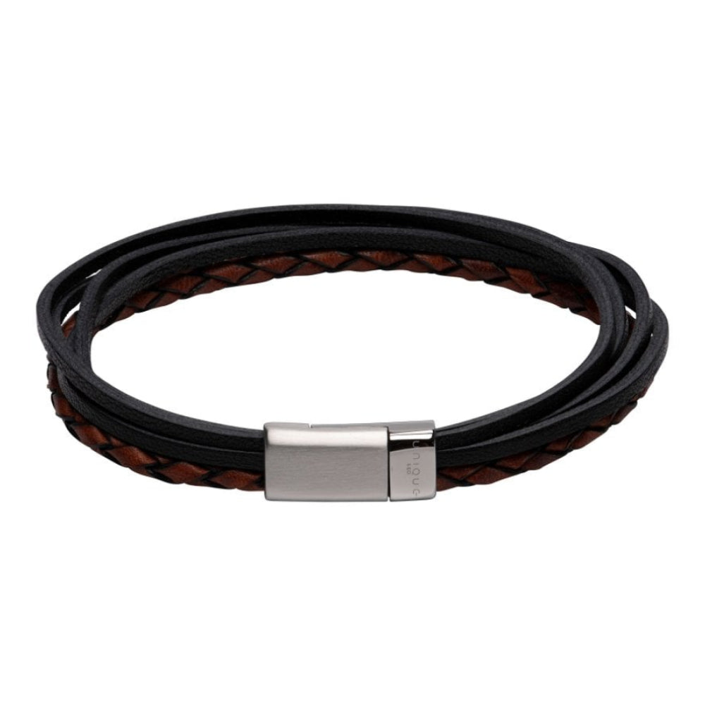 Antique Dark Brown Multistrand Leather Bracelet BL Edge-Mat/Pol Steel Clasp