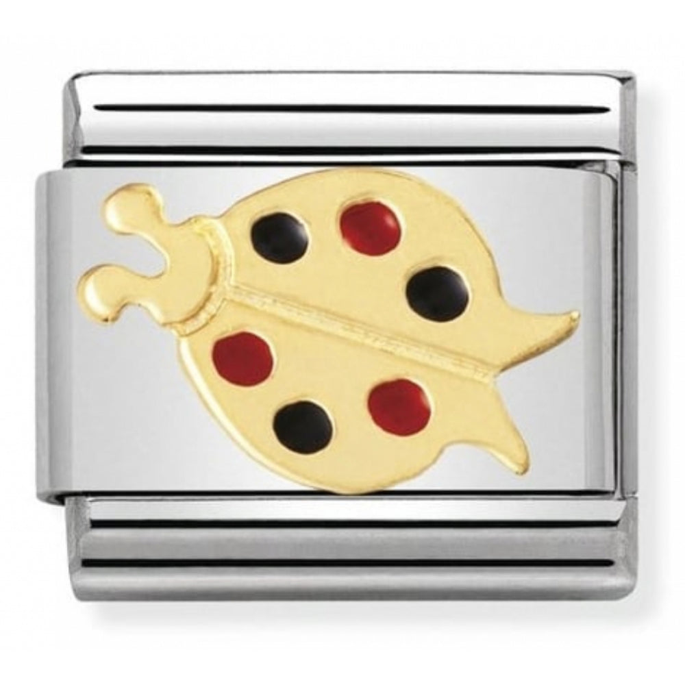 Classic RED & BLACK Ladybird In Stainless Steel With Enamel & 18k Gold Charm