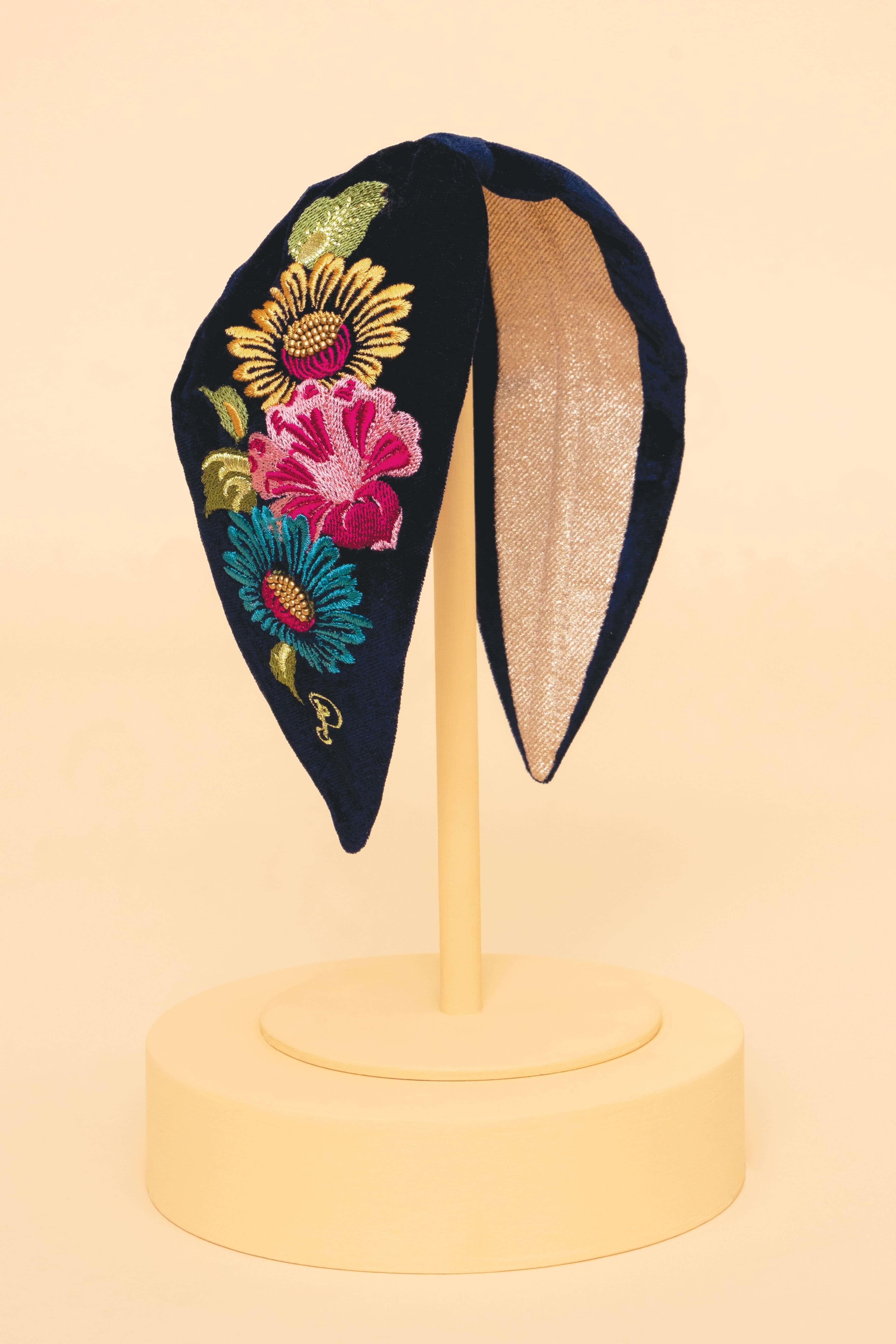 Embroidered Velvet Headband - Vintage Floral Ink