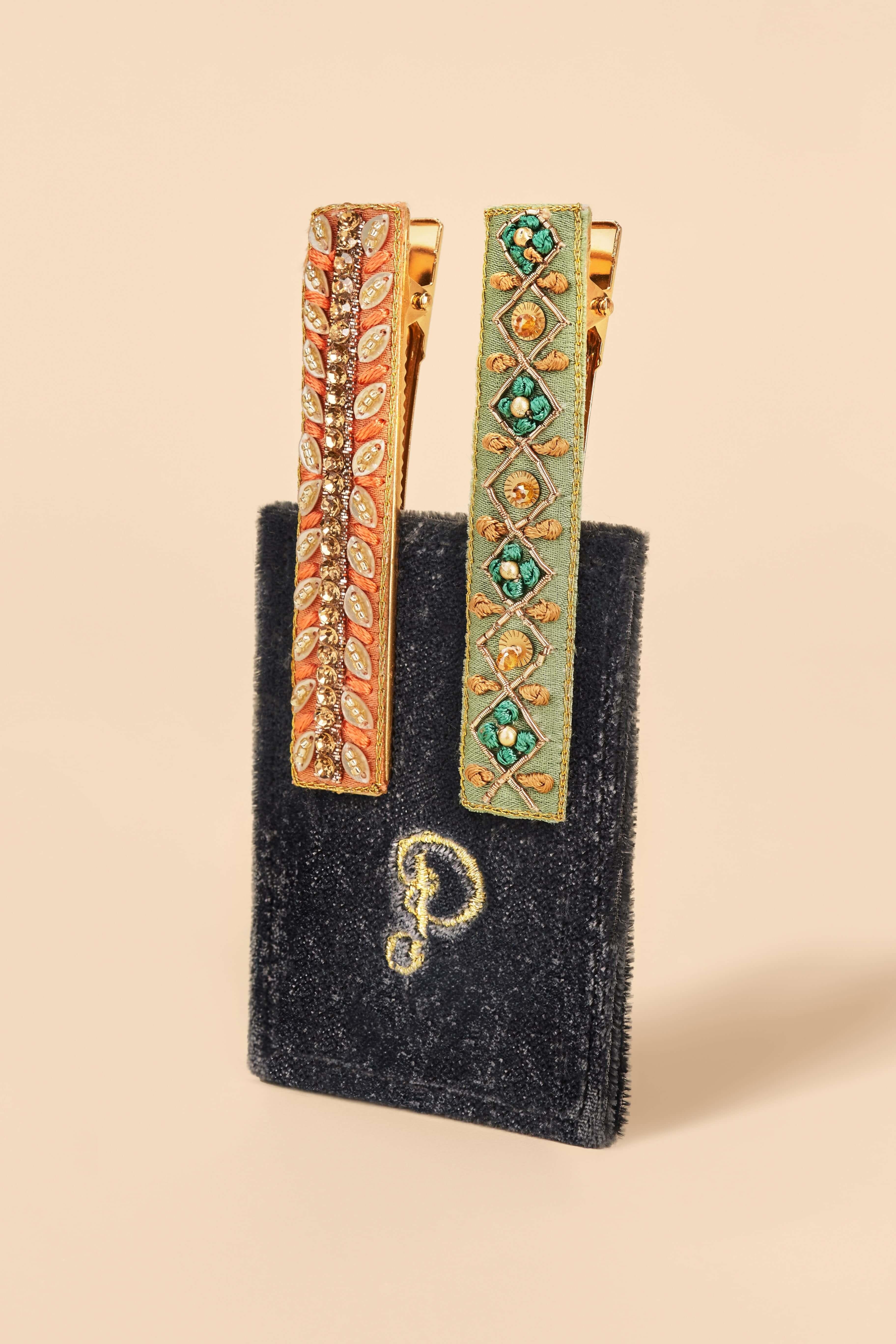 Narrow Jewelled Hair Bar (Set of 2) - Ribbon and Strike, Sage & Coral