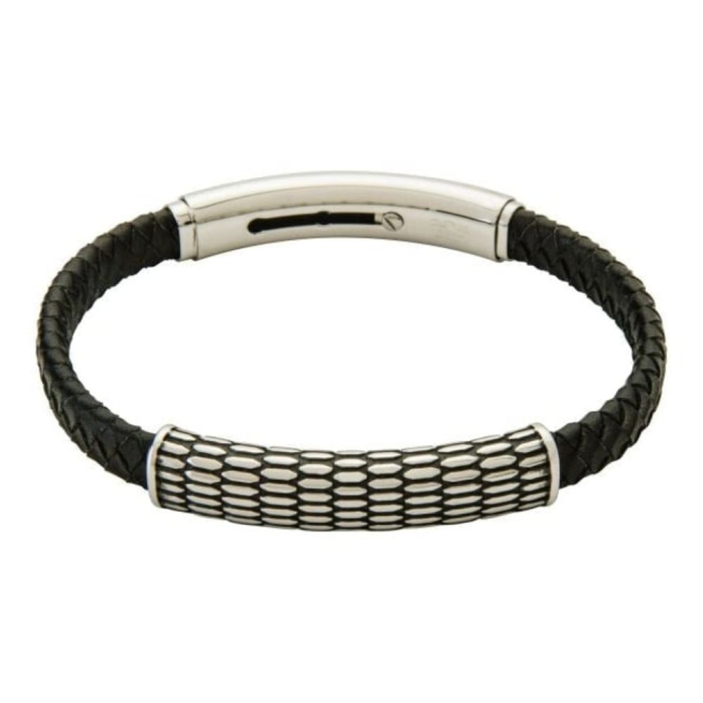 Men's Slim Line Leather Bracelet With Magnetic Clasp & Stainless Steel Design Feature