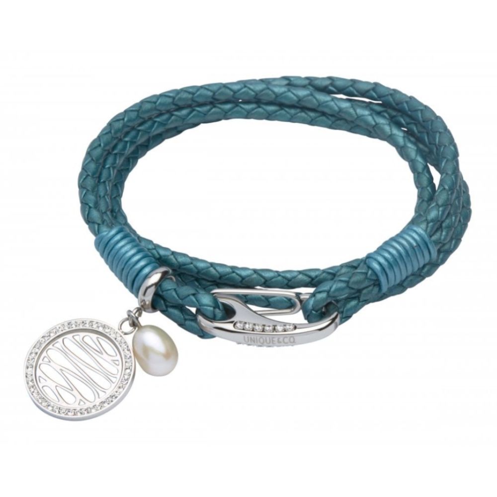 Truly Teal Leather Bracelet-Steel/Cz Clasp-Wave Charm-Pearl