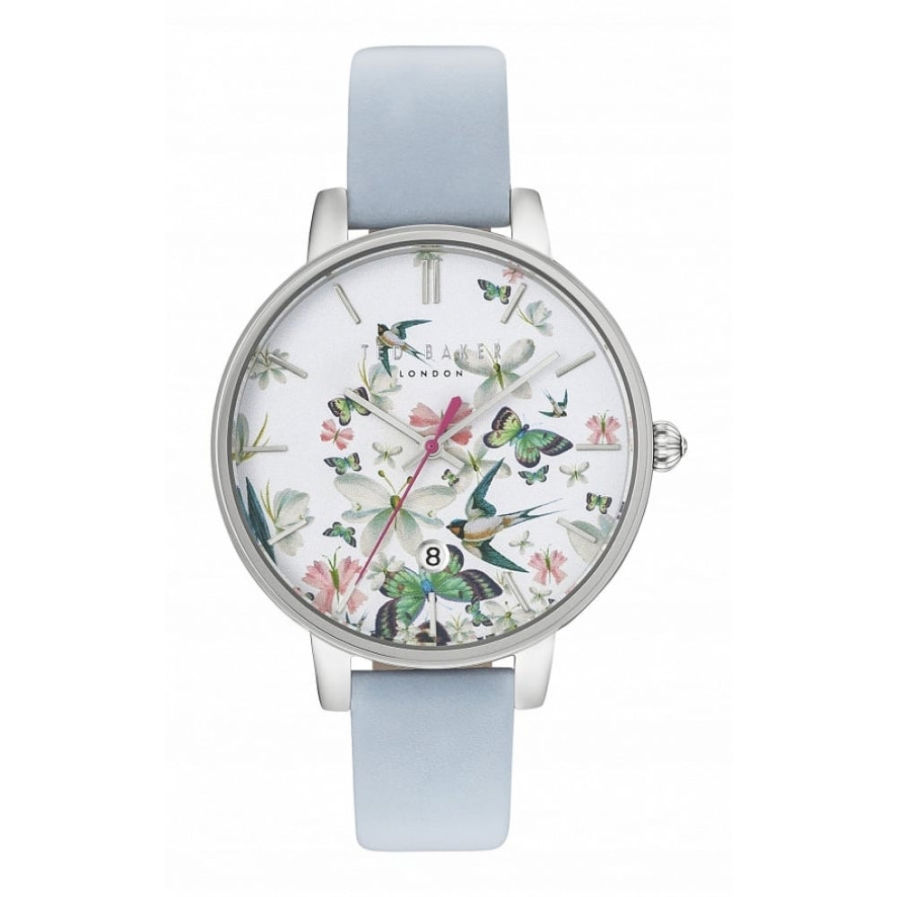 Stainless Steel Date Window Dial & Light Blue Leather Strap Ladies Wristwatch