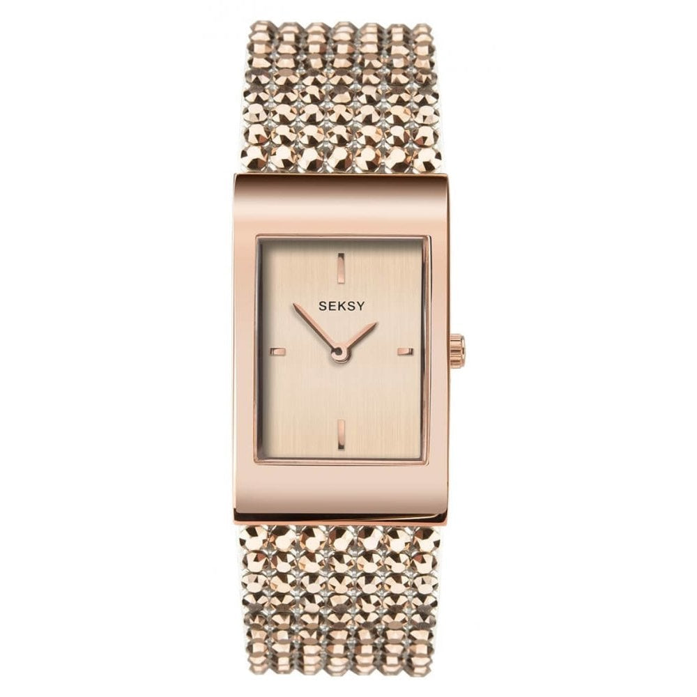 Shimmer Rose Gold Plated Case With Rose Dial & Beige Leather Strap With Metallic Rose Gold Crystals Ladies Watch