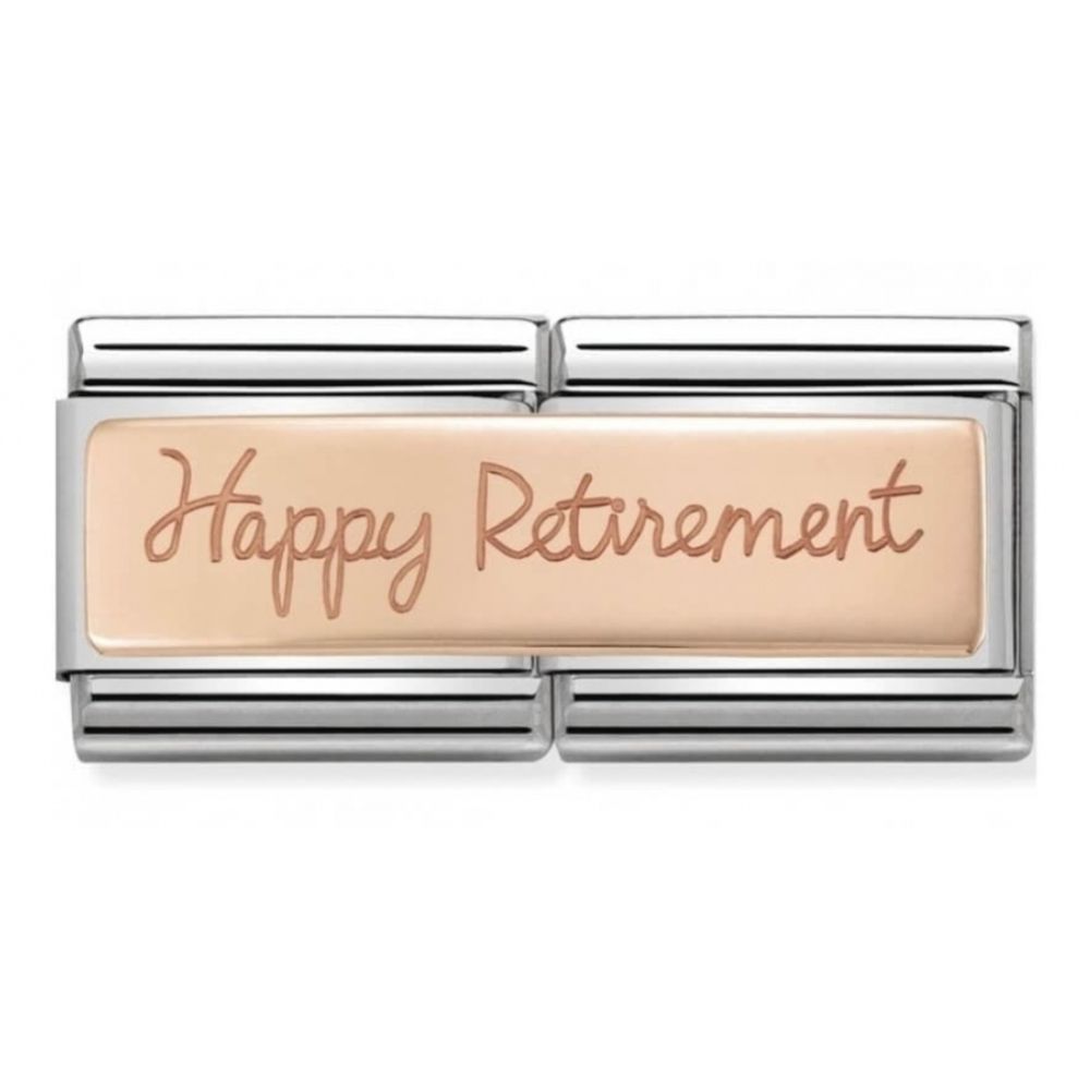Composable Classic Double Engraved Happy Retirement In Rose Gold Stainless Steel Charm