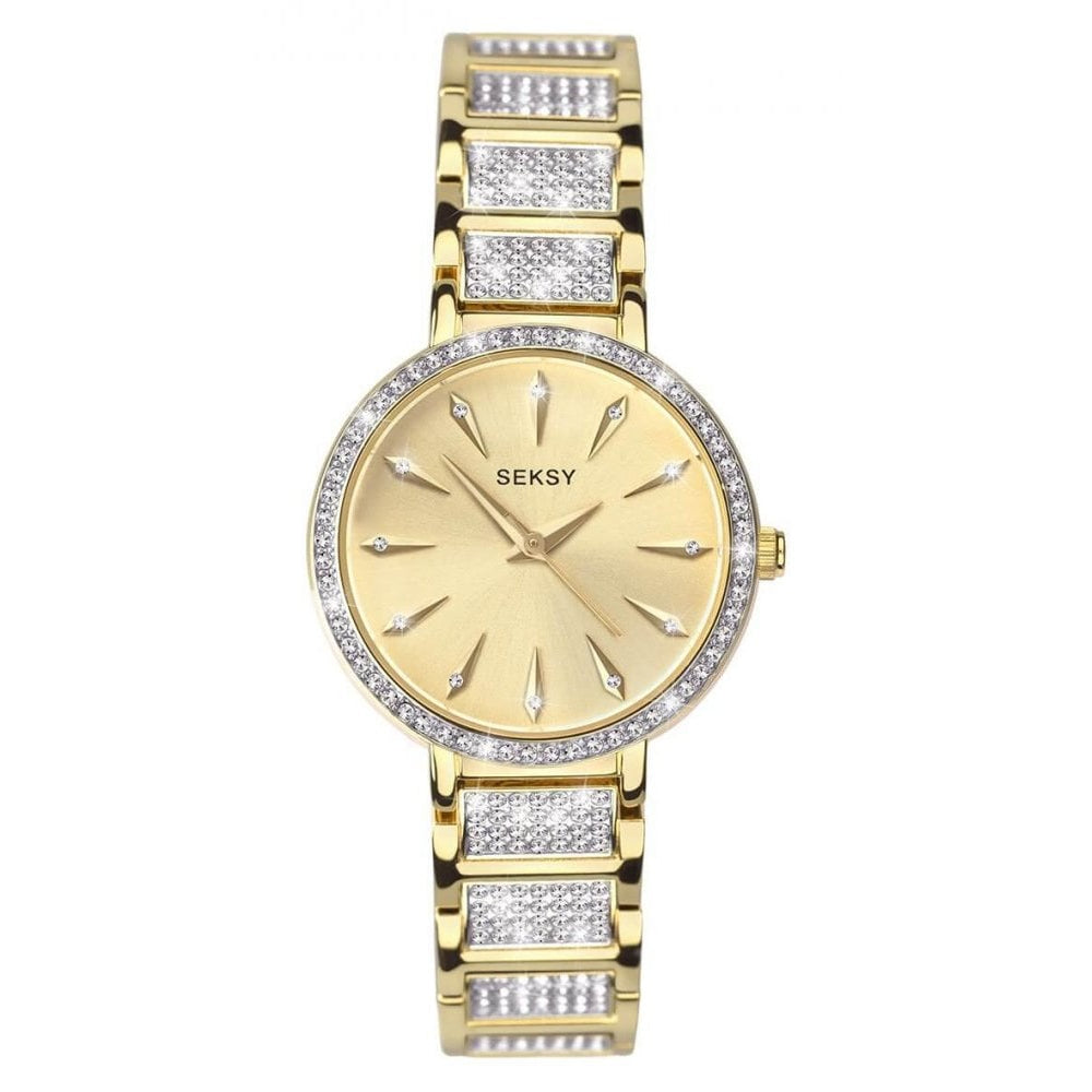 Two Tone Gold Plated Bracelet & Case With Gold Stone Set Dial Ladies Watch