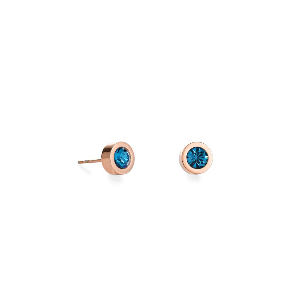 Rose Gold Plated Petrol Crystal Round Earrings With Stickpin