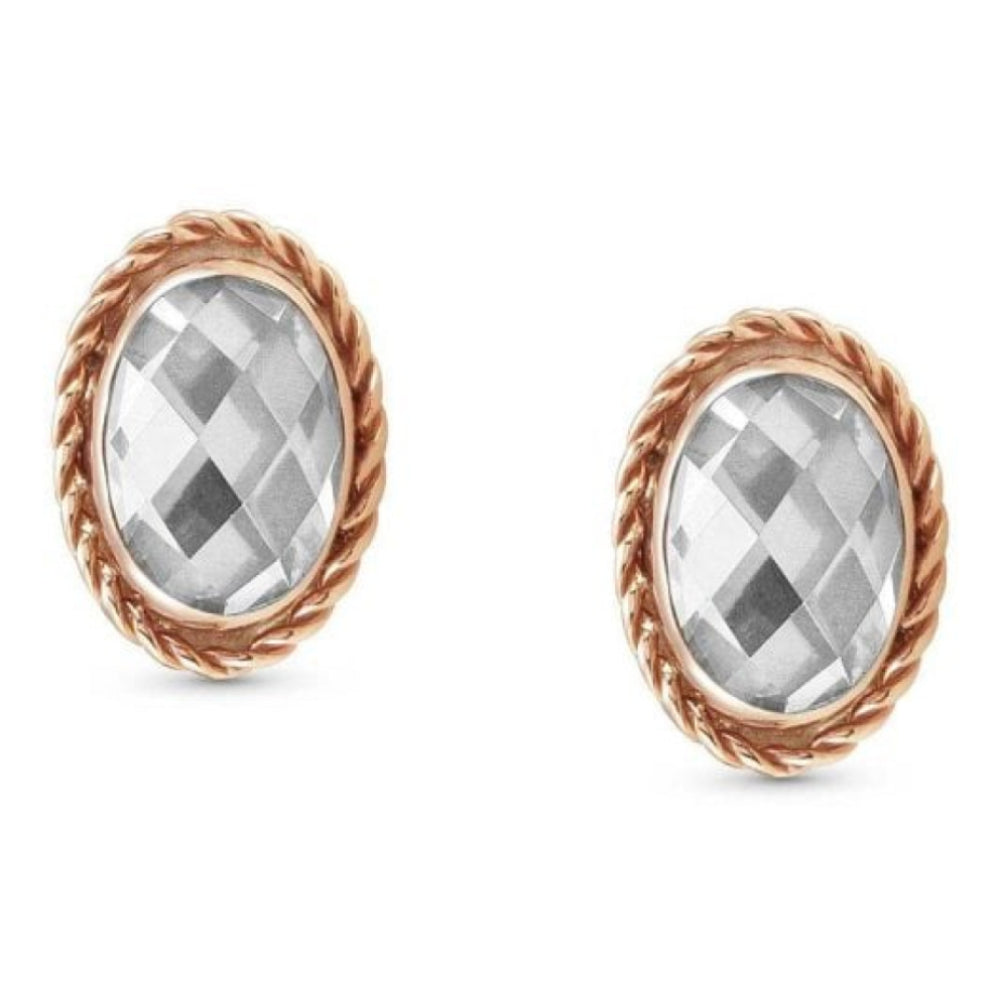 Rose Gold Plated With White CZ Oval Earrings