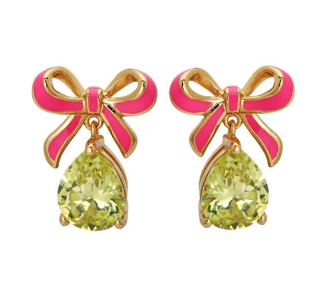Amelia Bow Studs In Bright Pink Enamel, Lime CZ Teardrop & Gold